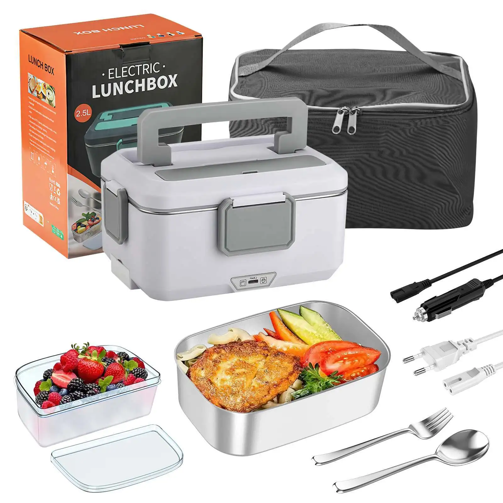 2.5L 90W Electric Heating Lunch Box 24/220V Stainless Steel Liner Portable Food Heater Bento Box Food Container for Car